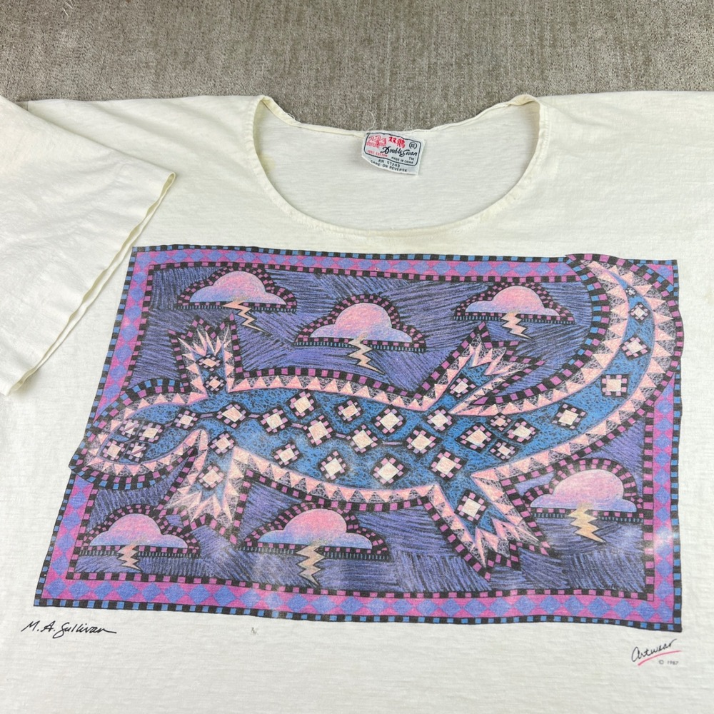 Double Swan Artwear T Shirt Mens XL Cream 1987 MA Sullivan Lizard Geometric 80s